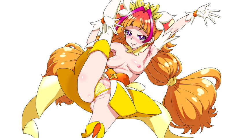 :p amanogawa_kirara arm_up armpits ass bangs blunt_bangs blush breasts cure_twinkle earrings gloves go!_princess_precure highres jewelry leg_up long_hair looking_at_viewer medium_breasts nipples numahana orange_hair panties precure purple_eyes pussy_peek simple_background smile solo split standing standing_on_one_leg standing_split thighhighs tongue tongue_out topless twintails underwear very_long_hair white_background white_gloves white_legwear yellow_panties