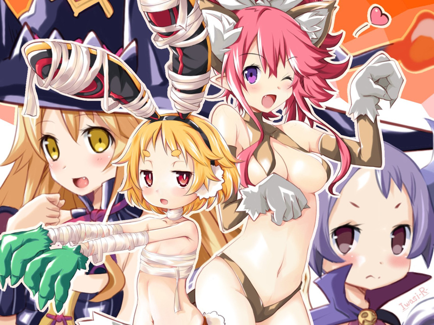 ;d alternate_costume animal_ears artist_name bandages blonde_hair blush breasts bright_pupils bunny_earmuffs bunny_ears cat_ears cosplay disgaea earmuffs eyebrows eyebrows_visible_through_hair hairband halloween hat heart highres iwasi-r liezerota long_hair looking_at_viewer majo_to_hyakkihei majorita_(disgaea) makai_senki_disgaea_5 medium_breasts metallica_(majo_to_hyakkihei) metallica_(majo_to_hyakkihei)_(cosplay) multiple_girls navel one_eye_closed open_mouth outstretched_arms paw_pose pink_hair pointy_ears purple_eyes purple_hair red_eyes revealing_clothes seraphina_(disgaea) short_eyebrows short_hair small_breasts smile thick_eyebrows usalia_(disgaea) witch_hat yellow_eyes zombie_pose