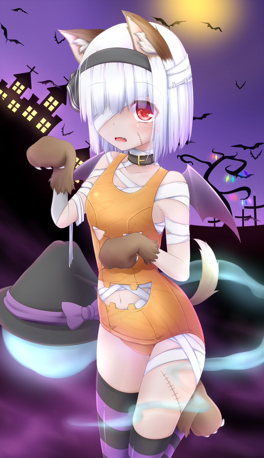 alternate_color_school_swimsuit animal_ears bandaid bandaid_on_face bat_wings black_hairband collar commentary_request evandragon hairband halloween halloween_costume hat highres hitodama jack-o'-lantern konpaku_youmu konpaku_youmu_(ghost) looking_at_viewer navel one-piece_swimsuit orange_swimsuit red_eyes scar school_swimsuit short_hair solo swimsuit tail touhou white_hair wings witch_hat wolf_ears wolf_tail
