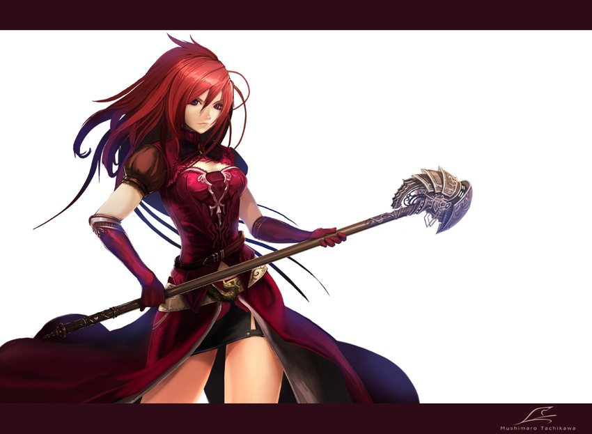 belt elbow_gloves gloves letterboxed long_hair miniskirt overskirt purple_eyes red_gloves red_hair skirt solo staff sword_world tachikawa_mushimaro white_background