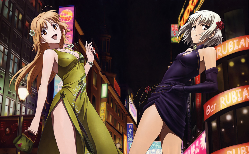 428 :d absurdres ahoge bag blonde_hair breasts brown_eyes canaan canaan_(character) china_dress chinese_clothes city cleavage detexted dress elbow_gloves gloves hair_ornament handbag highres ishii_yuriko large_breasts long_hair multiple_girls night non-web_source official_art oosawa_maria open_mouth scan short_hair silver_hair small_breasts smile third-party_edit very_long_hair