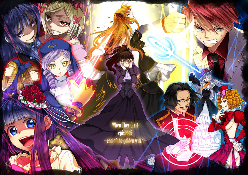 6+girls bangs beatrice blonde_hair blue_eyes blue_hair blunt_bangs bow breasts brown_hair bug butterfly choker closed_eyes cornelia_(umineko) dlanor_a_knox dress drill_hair eiserne_jungfrau end_of_the_golden_witch facial_hair flower formal frederica_bernkastel frills furudo_erika gaap gauntlets gertrude hair_ornament hat highres hime_cut insect jacket jpeg_artifacts lambdadelta large_breasts lavender_hair long_hair medium_breasts mini_hat mini_top_hat monocle multiple_boys multiple_girls mustache necktie polearm red_hair ribbon ringlets ronove rose sideboob silver_hair smile spear suit sword tears top_hat umineko_no_naku_koro_ni ushiromiya_battler ushiromiya_kinzou ushiromiya_natsuhi virgilia weapon yellow_eyes yodobashi_yuo