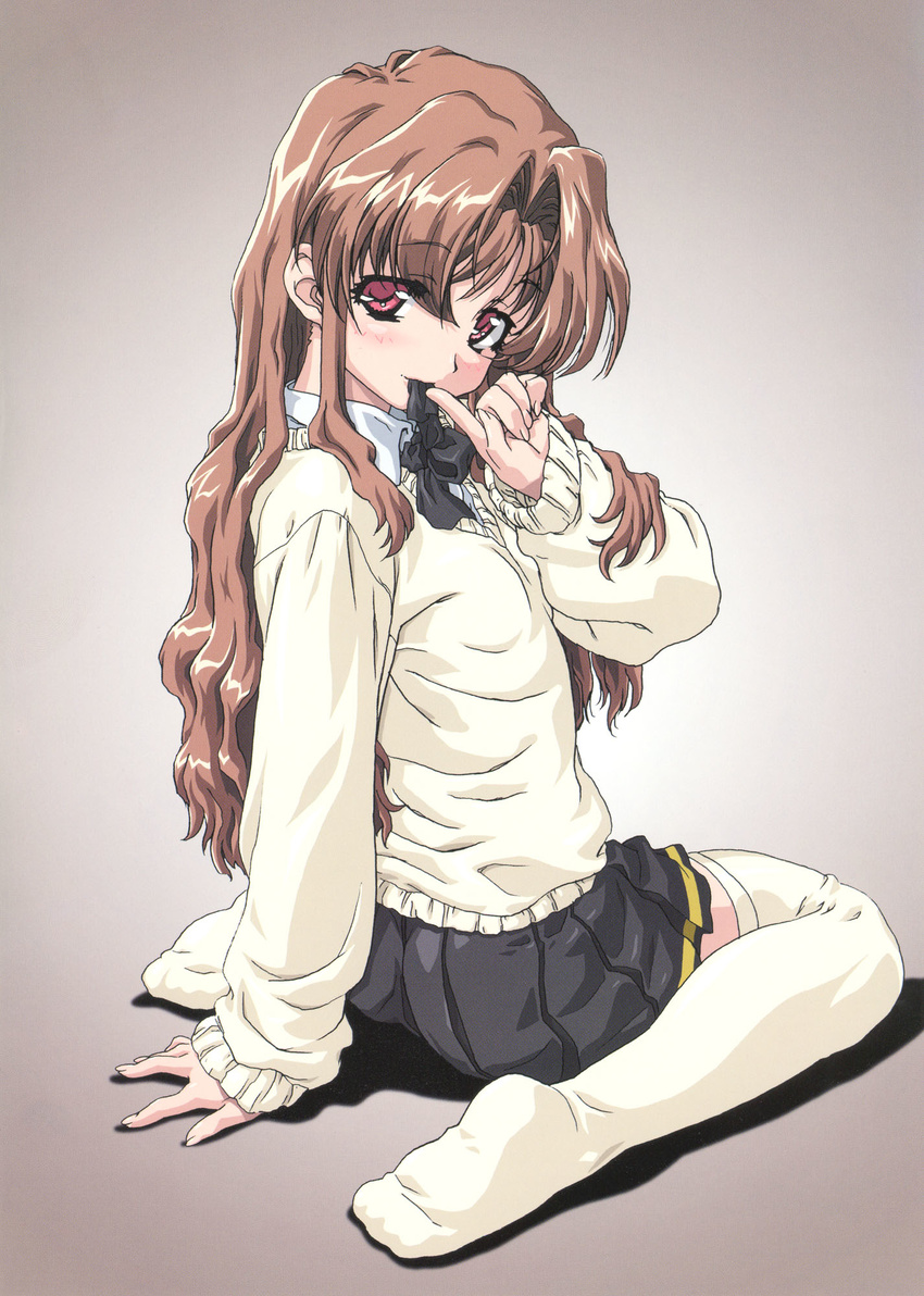 arm_support blush bow brown_hair feet finger_to_mouth flat_chest from_behind highres long_hair looking_back morino_ichigo mouth_hold naughty_face official_art onegai_teacher pink_eyes pleated_skirt pointing scan school_uniform shadow sitting skirt solo sweater thighhighs uon_taraku wavy_hair white_legwear zettai_ryouiki