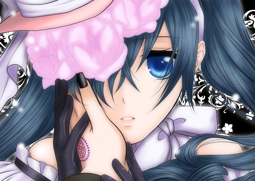 bare_shoulders blue_eyes blue_hair bow ciel_phantomhive close-up crossdressing flower galaxy_blue gloves hair_over_one_eye hand_on_another's_face hat holding_hands kuroshitsuji lipstick lolita_fashion makeup nail_polish otoko_no_ko out_of_frame pov pov_hands solo_focus