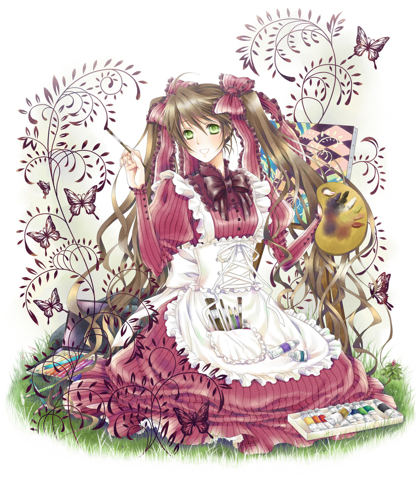 art_brush bad_id bad_pixiv_id blush bow brown_hair bug butterfly colored_pencil dress green_eyes hair_bow hair_ribbon happy highres insect kneeling long_hair nature oekaki_musume open_mouth original paint paintbrush painting palette pencil ribbon smile solo twintails very_long_hair wooden_pencil yuuno_(yukioka)