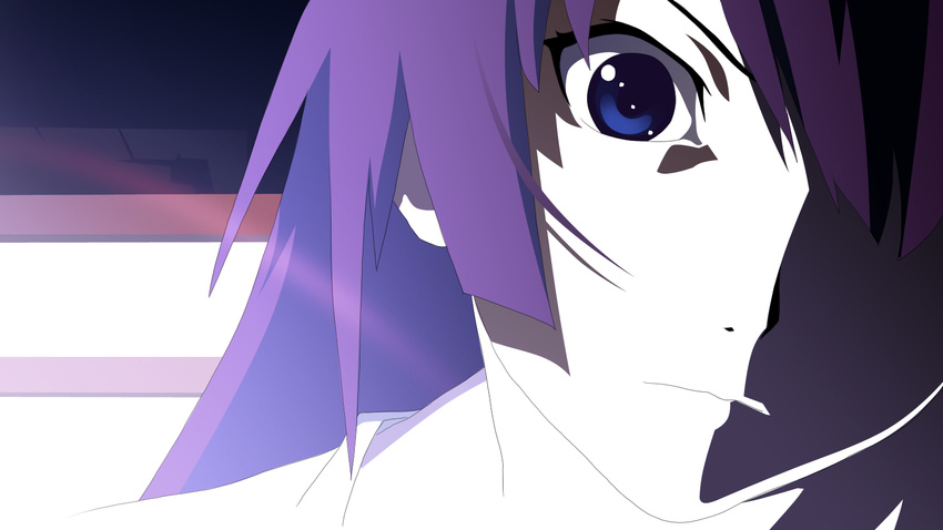 16:9 bakemonogatari blue_eyes close close-up face hair_over_one_eye highres long_hair monogatari_(series) purple_hair senjougahara_hitagi shadow stare staring vector wallpaper