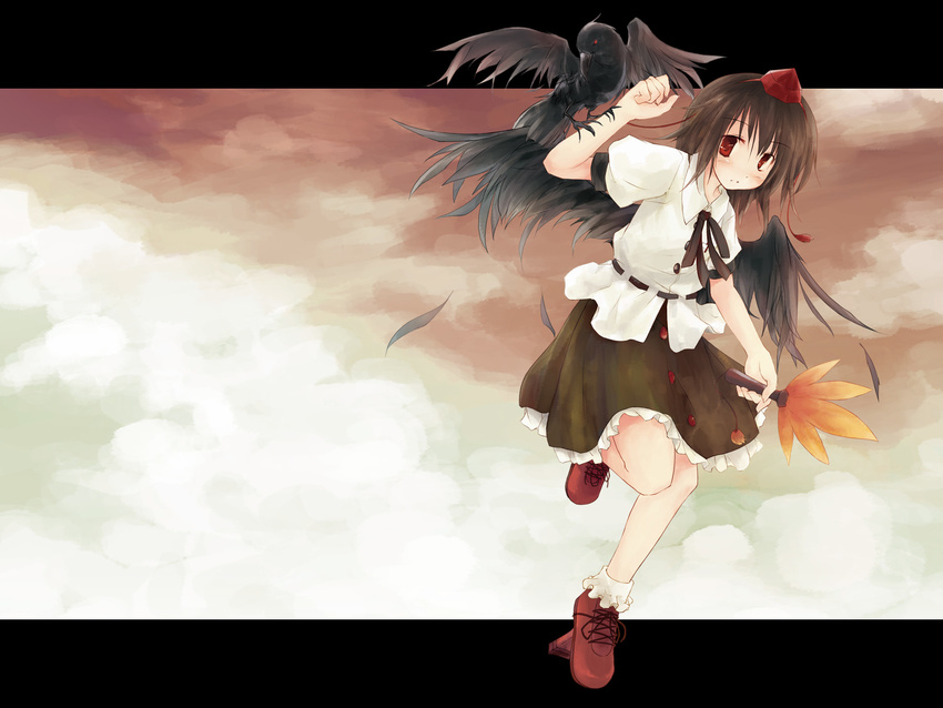 animal_on_arm bird bird_on_arm black_wings blush crow geta hat highres looking_at_viewer ribbon shameimaru_aya skirt solo tengu-geta tokin_hat touhou wallpaper wings yukitarou_(awamori)