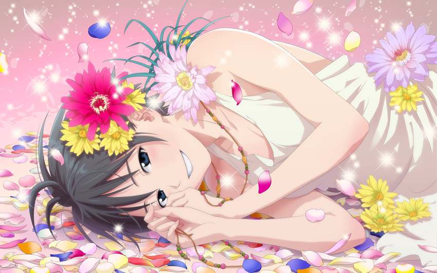 antenna_hair black_hair blue_eyes dress flower hair_ornament hands idolmaster idolmaster_(classic) kikuchi_makoto lying petals short_hair smile solo sundress yachiwo