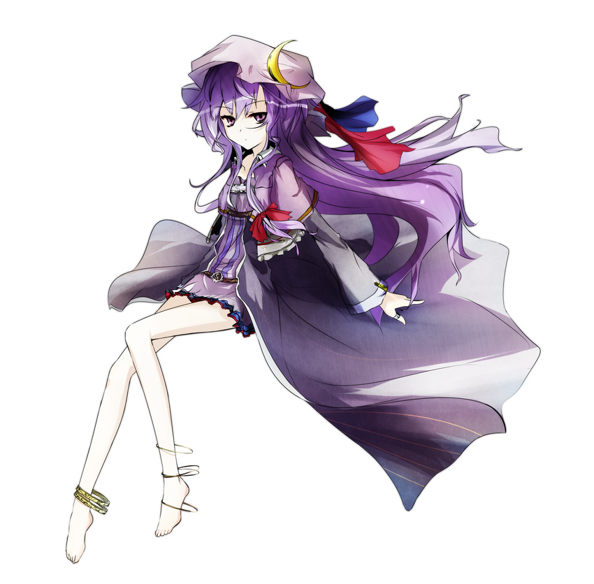 absurdres alternate_costume alternate_hairstyle anklet barefoot bow full_body hair_bow hair_ribbon highres jewelry long_hair loxodon patchouli_knowledge purple_eyes purple_hair ribbon solo touhou transparent_background
