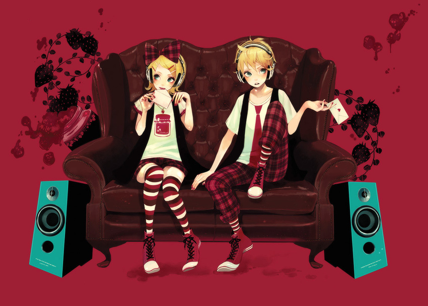 1girl aqua_eyes bad_id bad_pixiv_id blonde_hair brother_and_sister couch hair_ornament hair_ribbon hairclip headphones kagamine_len kagamine_rin letter love_letter mokaffe nail_polish red_nails ribbon shoes short_hair siblings sitting skirt speaker striped striped_legwear thighhighs twins vocaloid zettai_ryouiki