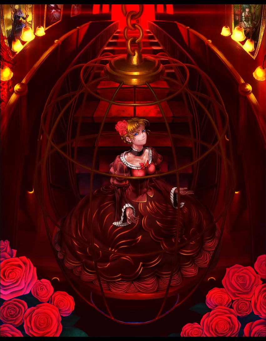 beatrice blonde_hair blood blue_eyes bow cage chain dress eva_beatrice fisheye flower frame frills furudo_erika highres lain painting_(object) pantyhose pink_bow portrait_(object) red rose solo umineko_no_naku_koro_ni