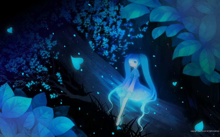 blue blue_eyes blue_hair dress glowing hair_over_one_eye hatsune_miku highres in_tree leaf long_hair mikumix night petals puti_devil sitting sitting_in_tree solo tree twintails vocaloid wallpaper watermark