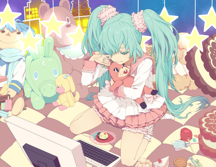 aqua_eyes aqua_hair cake cameo candy candy_apple checkered computer cream_puff food garters hatsune_miku kaito lollipop long_hair lots_of_laugh_(vocaloid) nayu pastry popsicle solo star stuffed_animal stuffed_toy swirl_lollipop teddy_bear twintails very_long_hair vocaloid