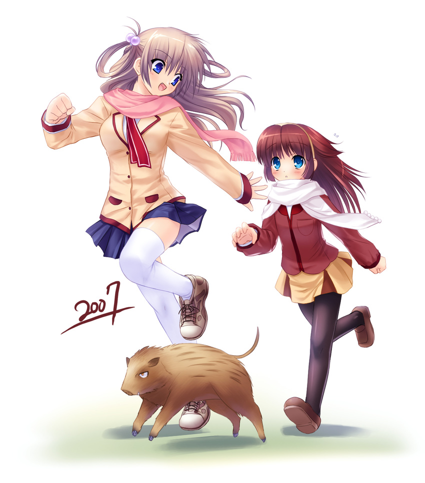 2girls :d black_legwear blazer blue_eyes blush boar brown_hair chinese_zodiac copyright_request fang hair_bobbles hair_ornament hair_rings highres jacket light_brown_hair loafers long_sleeves looking_at_another miniskirt multiple_girls na-ga new_year open_mouth pantyhose pink_scarf pleated_skirt running scarf school_uniform shoes skirt smile sneakers thighhighs white_legwear white_scarf year_of_the_pig