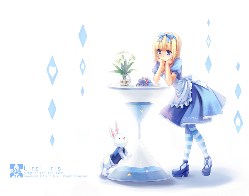 absurdres alice_(wonderland) alice_in_wonderland bad_id bad_pixiv_id blonde_hair blue_eyes bunny chin_rest fish hair_ribbon highres original ribbon solo striped striped_legwear thighhighs xiangtu