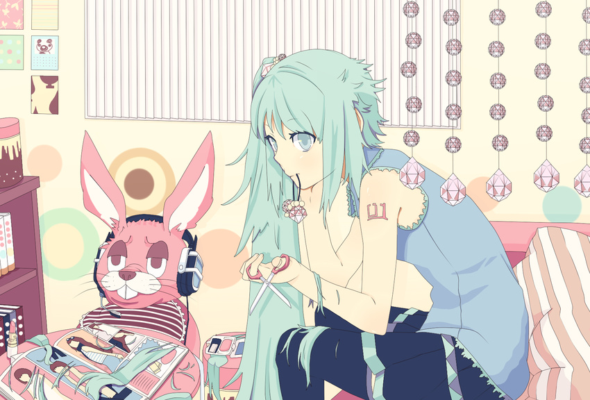 alternate_hairstyle aqua_eyes aqua_hair bunny cutting cutting_hair hatsune_miku headphones highres koyoi_mitsuki lipstick long_hair lots_of_laugh_(vocaloid) magazine makeup scissors severed_hair sitting skirt solo twintails vocaloid