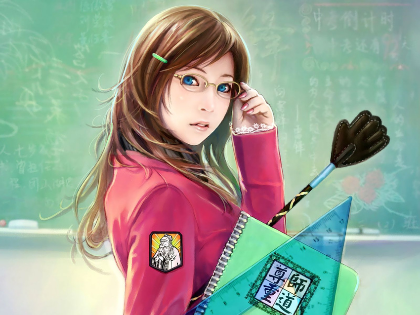 blue_eyes brown_hair chalkboard chinese classroom_eraser copyright_request eat0123 glasses highres long_hair nail_polish notebook photorealistic pink_nails ruler solo teacher