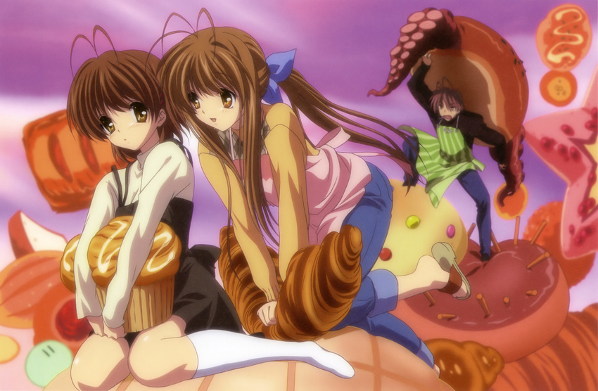 2girls absurdres antenna_hair apron bow bread brown_eyes brown_hair casual cigarette clannad dango dango_daikazoku detexted family food furukawa_akio furukawa_nagisa furukawa_sanae highres ikeda_kazumi long_hair multiple_girls non-web_source official_art ponytail short_hair socks third-party_edit very_long_hair wagashi