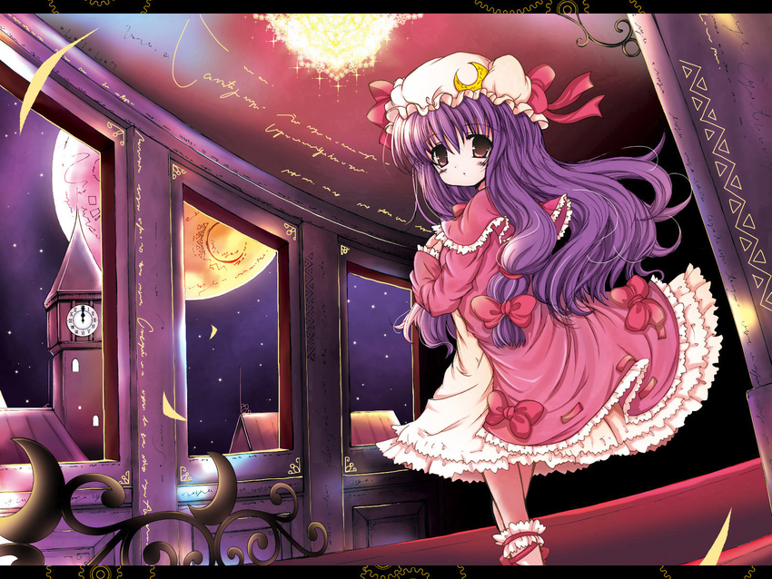 adapted_costume alternate_eye_color artist_request bow brown_hair cloak clock crescent_moon dress frilled_dress frills hair_bow hair_ribbon highres indoors kneehighs letterboxed long_hair looking_at_viewer looking_back moon night night_sky patchouli_knowledge petticoat pink_bow purple_hair ribbon short_dress sky touhou tower tress_ribbon walking wallpaper white_legwear window
