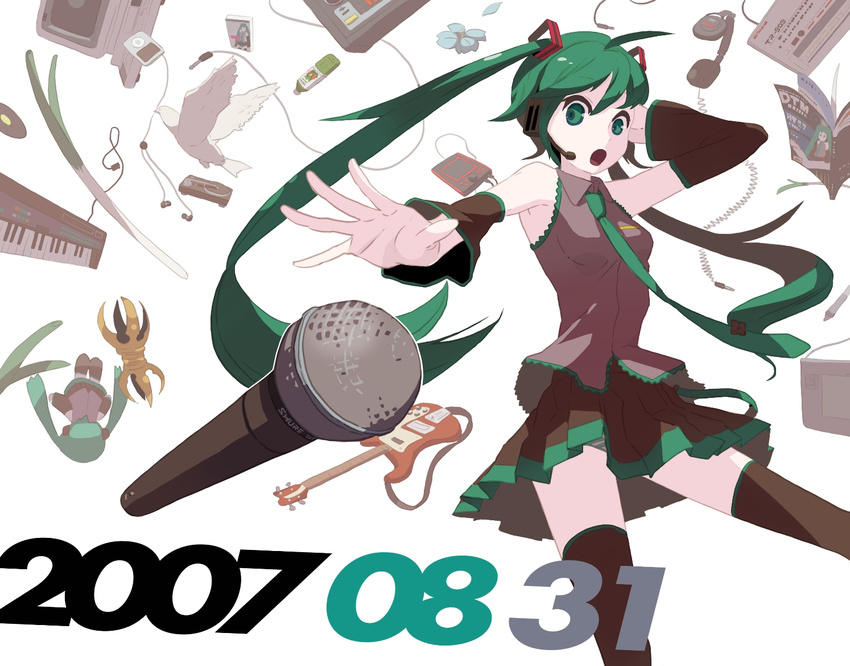 ahoge aqua_eyes aqua_hair bad_id bad_pixiv_id bass_guitar bird bottle cd computer detached_sleeves digital_media_player flower hatsune_miku headphones headset instrument ipod keyboard_(instrument) long_hair magazine microphone necktie petals skirt solo spring_onion thighhighs tomioka_jirou twintails vajra_(object) very_long_hair vocaloid zettai_ryouiki