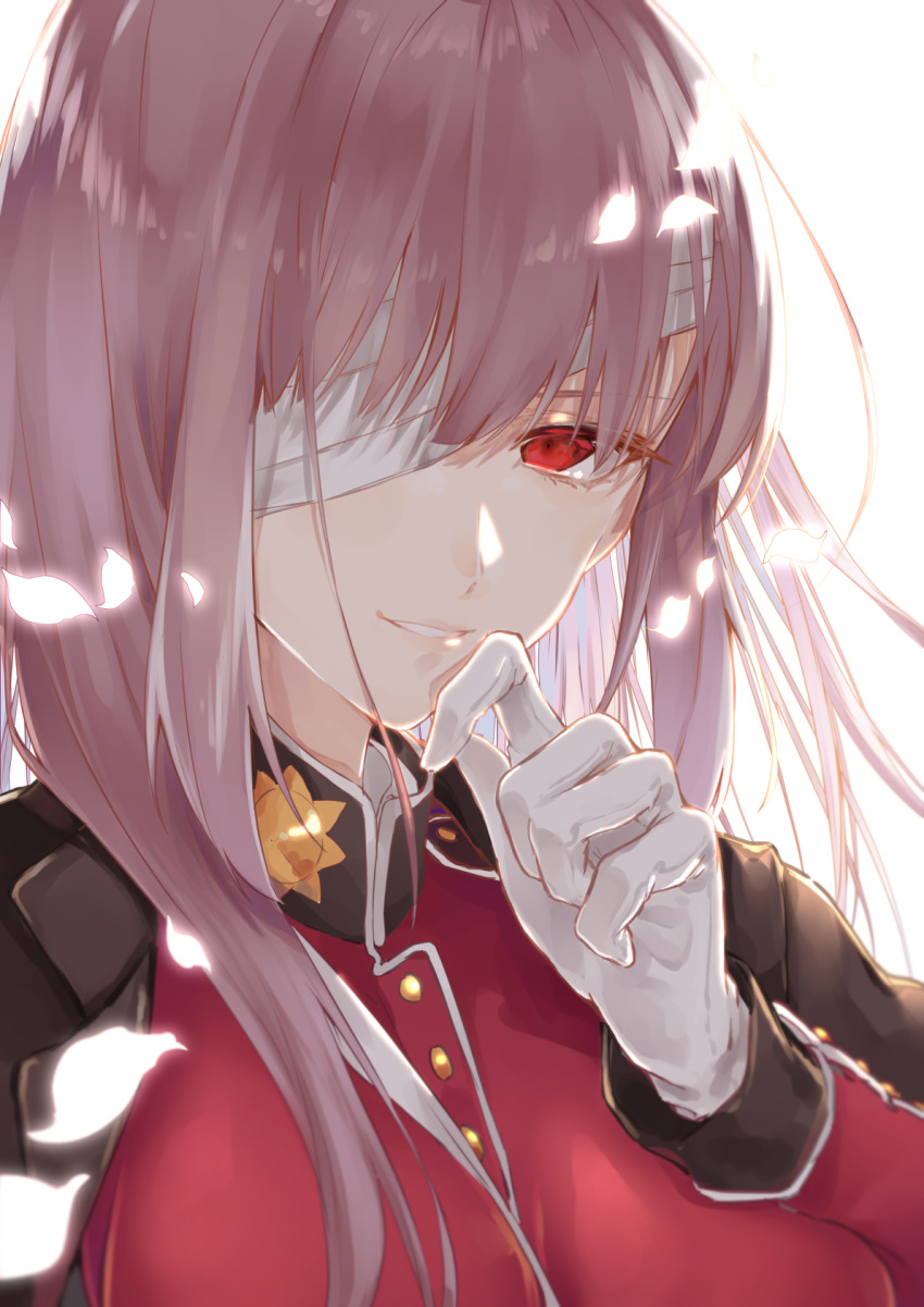 1girl bandage_over_one_eye bangs blunt_bangs face fate/grand_order fate_(series) finger_to_mouth floating_hair florence_nightingale_(fate/grand_order) gloves glowing highres hoshino_ruru long_hair looking_at_viewer parted_lips petals purple_hair red_eyes sidelocks simple_background solo upper_body white_background white_gloves