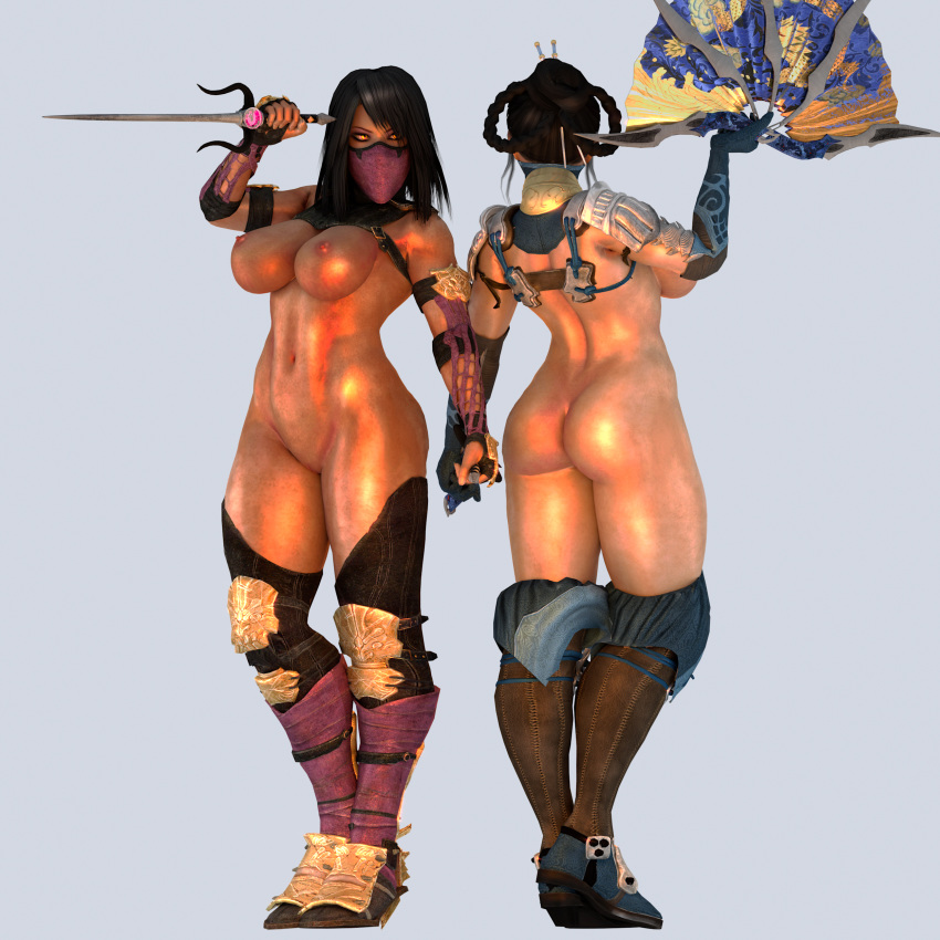1girl 2girls 3d a_reyko abs absurdres ass back bare_back black_hair blue_gloves bracelet breasts busty cleavage curvy female full_bidy gloves gold highres holding_object huge_ass jewelry kitana legs mask mileena mortal_kombat multiple_girls navel nipples nude pink_gloves shiny shiny_skin silver_armor solo stockings stomach thick_thighs thighs topless weapon wide_hips yellow_eyes