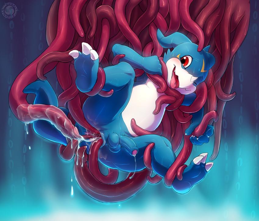 2016 3_toes anal anal_penetration armpits balls claws cobaltsynapse consentacles cum cum_inside digimon digital_media_(artwork) feet hindpaw male open_mouth paws penetration penis plantigrade semi-anthro simple_background soles solo tentacles toe_claws toes uncut veemon