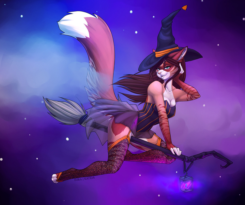 anthro armpits broom cat clothed clothing eura feline female halloween hat holidays looking_at_viewer magic_user mammal pussy skimpy solo witch