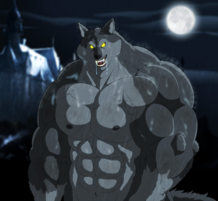 2016 abs anthro biceps building canine drooling fangs fur glowing glowing_eyes grey_fur halloween holidays house looking_at_viewer male mammal moon muscular muscular_male navel night open_mouth pecs saliva teeth vein were werewolf wolf xxsparcoxx yellow_eyes
