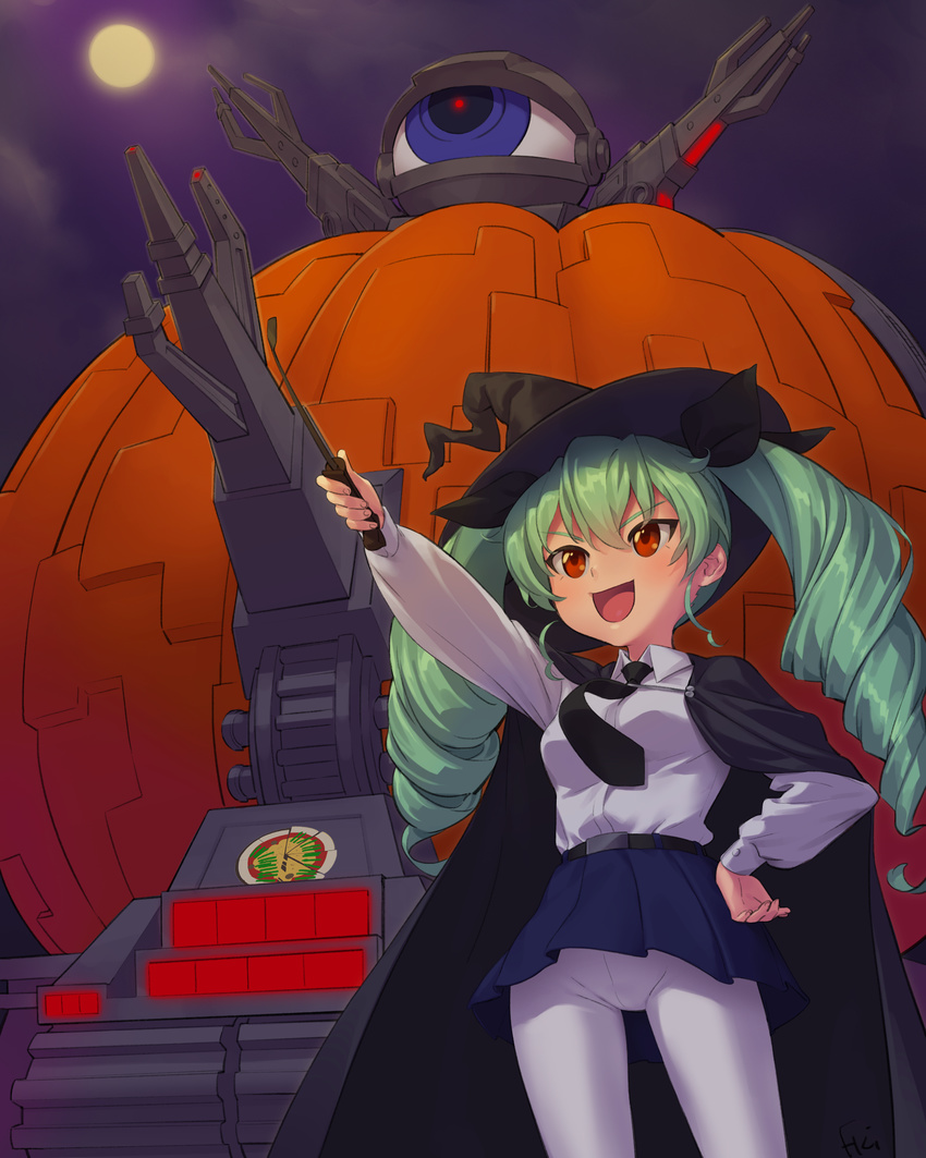 absurdres anchovy anzio_school_uniform cape commentary_request emblem eyeball fishkitty food girls_und_panzer green_hair ground_vehicle hair_ribbon halloween hat highres military military_vehicle moon motor_vehicle necktie night night_sky pantyhose pizza pumpkin red_eyes ribbon riding_crop school_uniform skirt sky solo tank technodrome teenage_mutant_ninja_turtles witch_hat