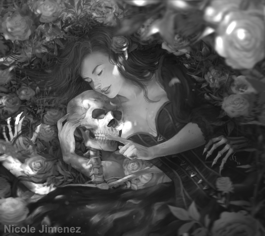 artist_name blurry breasts cleavage closed_eyes corset couple dappled_sunlight death depth_of_field eyelashes flower freckles greyscale hair_flower hair_ornament hug large_breasts lips long_hair lying monochrome nicole_jimenez on_back original rose signature skeleton sunlight