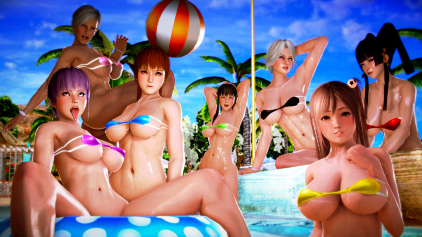 3d 6+girls ayane_(doa) bikini breasts christie_(doa) dead_or_alive hitomi_(doa) honeykai_(artist) honoka_(doa) illusion_soft kasumi_(doa) lisa_hamilton multiple_girls nyotengu swimsuit