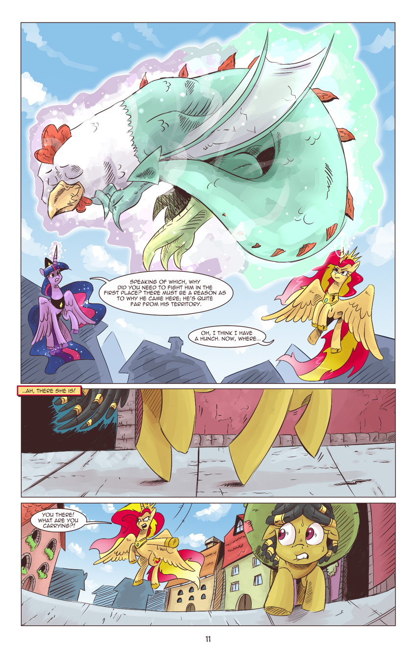 2016 cockatrice comic crown equestria_girls equine female friendship_is_magic glowing horn horse jewelry macro magic mammal my_little_pony necklace pony saturdaymorningproj sunset_shimmer_(eg) twilight_sparkle_(mlp) winged_unicorn wings