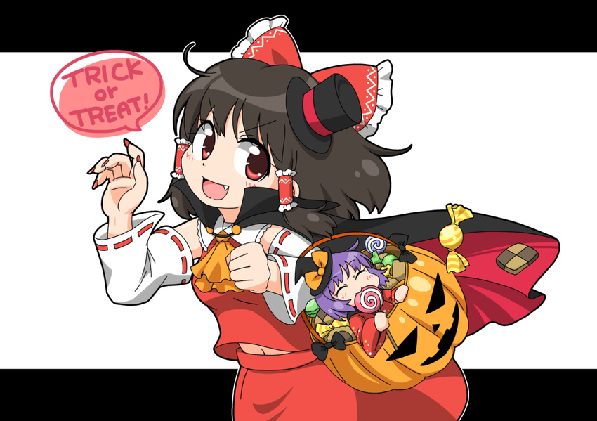 :d ^_^ black_hat bow breasts brown_hair bucket candy cape claw_pose closed_eyes commentary_request cookie detached_sleeves eating fang fingernails food hair_bow hair_tubes hakurei_reimu halloween halloween_basket halloween_costume hat japanese_clothes kimono lollipop long_fingernails looking_at_viewer medium_breasts mini_hat mini_top_hat minigirl multiple_girls nail_polish navel open_mouth purple_hair red_eyes red_nails ribbon-trimmed_sleeves ribbon_trim skirt skirt_set smile sukuna_shinmyoumaru swirl_lollipop top_hat touhou trick_or_treat unachika v-shaped_eyebrows vest witch_hat