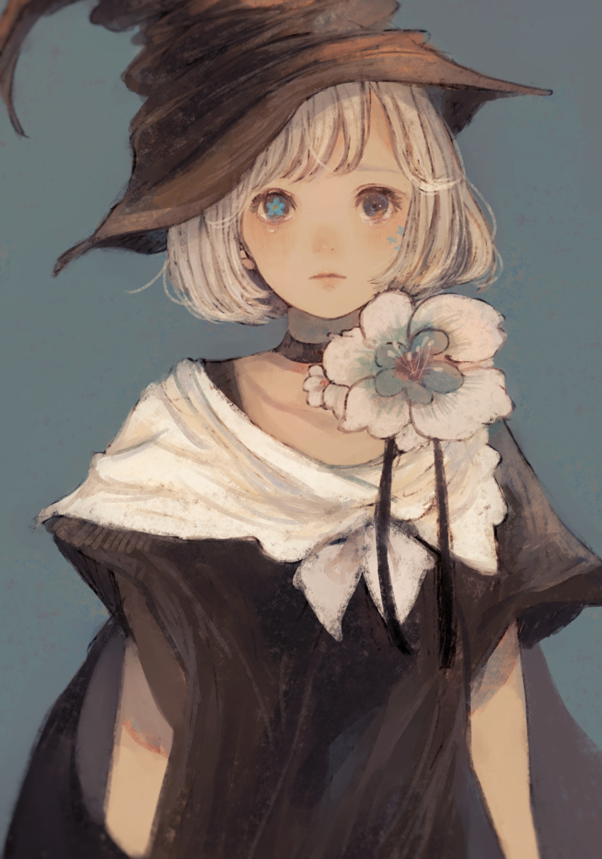 1girl absurdres blonde_hair faux_traditional_media flower heterochromia highres looking_at_viewer orchid orie_h original short_hair simple_background solo symbol-shaped_pupils tears witch