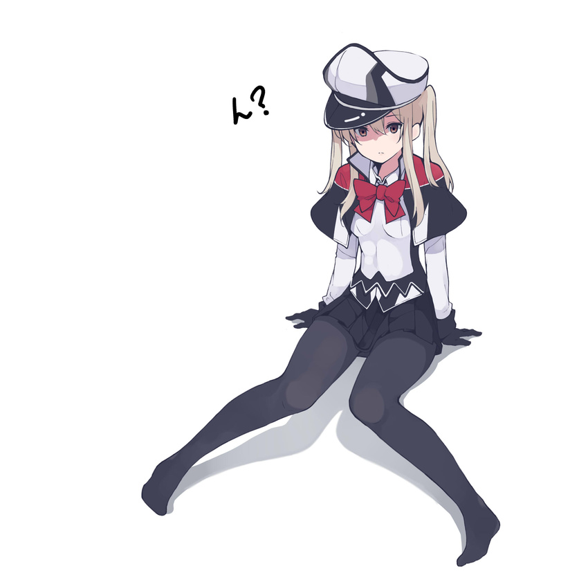 akagawa007 alternate_breast_size arm_support bad_id bad_pixiv_id black_gloves black_legwear blonde_hair bow bowtie brown_eyes capelet eyebrows eyebrows_visible_through_hair gloves graf_zeppelin_(kantai_collection) hat highres kantai_collection long_hair looking_at_viewer no_shoes pantyhose peaked_cap simple_background sitting skirt solo twintails white_background
