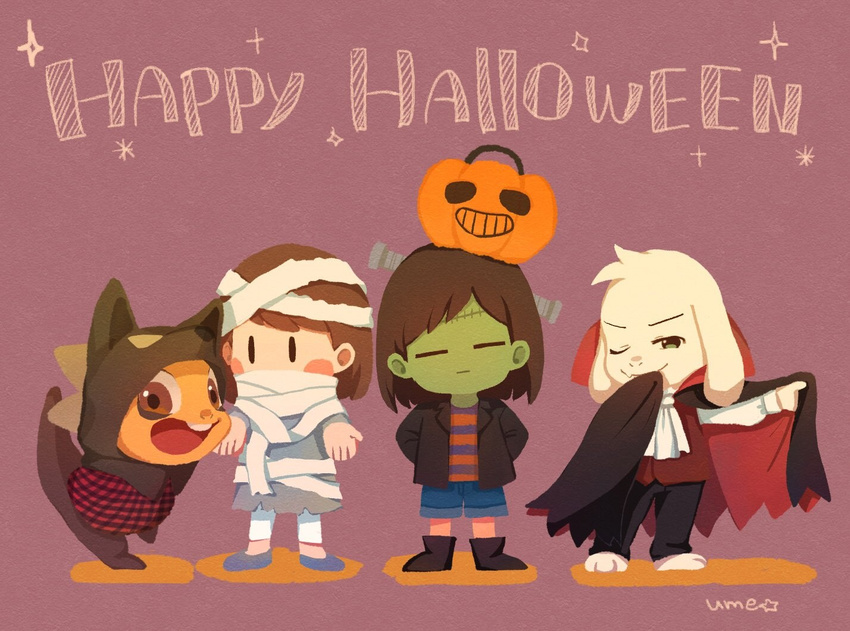 anthro armless asriel_dreemurr bandage barefoot blush boss_monster brown_eyes brown_hair buckteeth cape caprine chara_(undertale) child clothed clothing costume cub english_text eyes_closed food fruit fur goat green_eyes hair hair_tuft halloween hands_behind_back hatchling holidays human humanoid jack_o'_lantern lizard long_ears looking_at_viewer mammal monster_kid open_mouth protagonist_(undertale) pumpkin reptile scalie signature teeth text toes tongue umeboshi3579 undertale video_games white_fur yellow_skin young