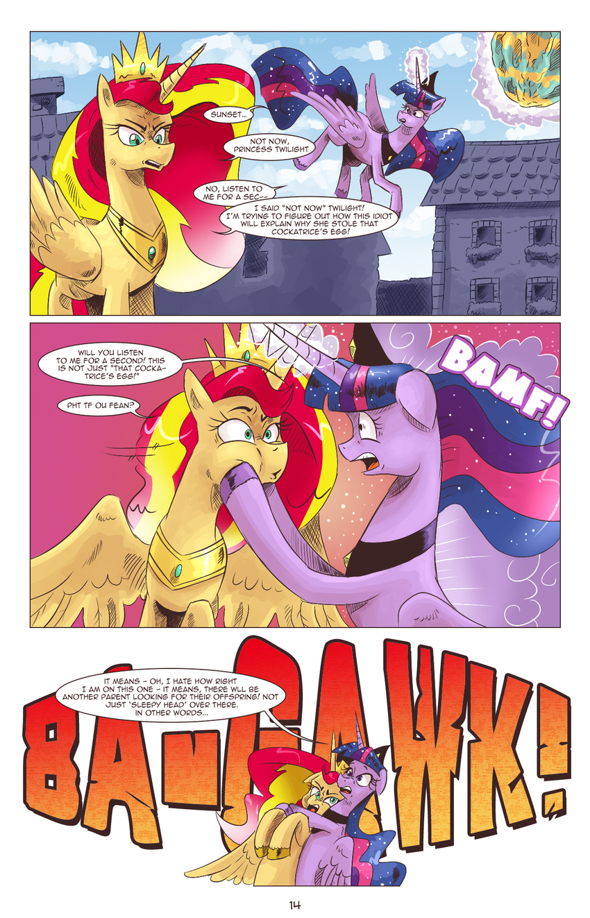 2016 comic crown dialogue egg english_text equestria_girls equine female friendship_is_magic glowing horn jewelry magic mammal my_little_pony saturdaymorningproj sunset_shimmer_(eg) text twilight_sparkle_(mlp) winged_unicorn wings