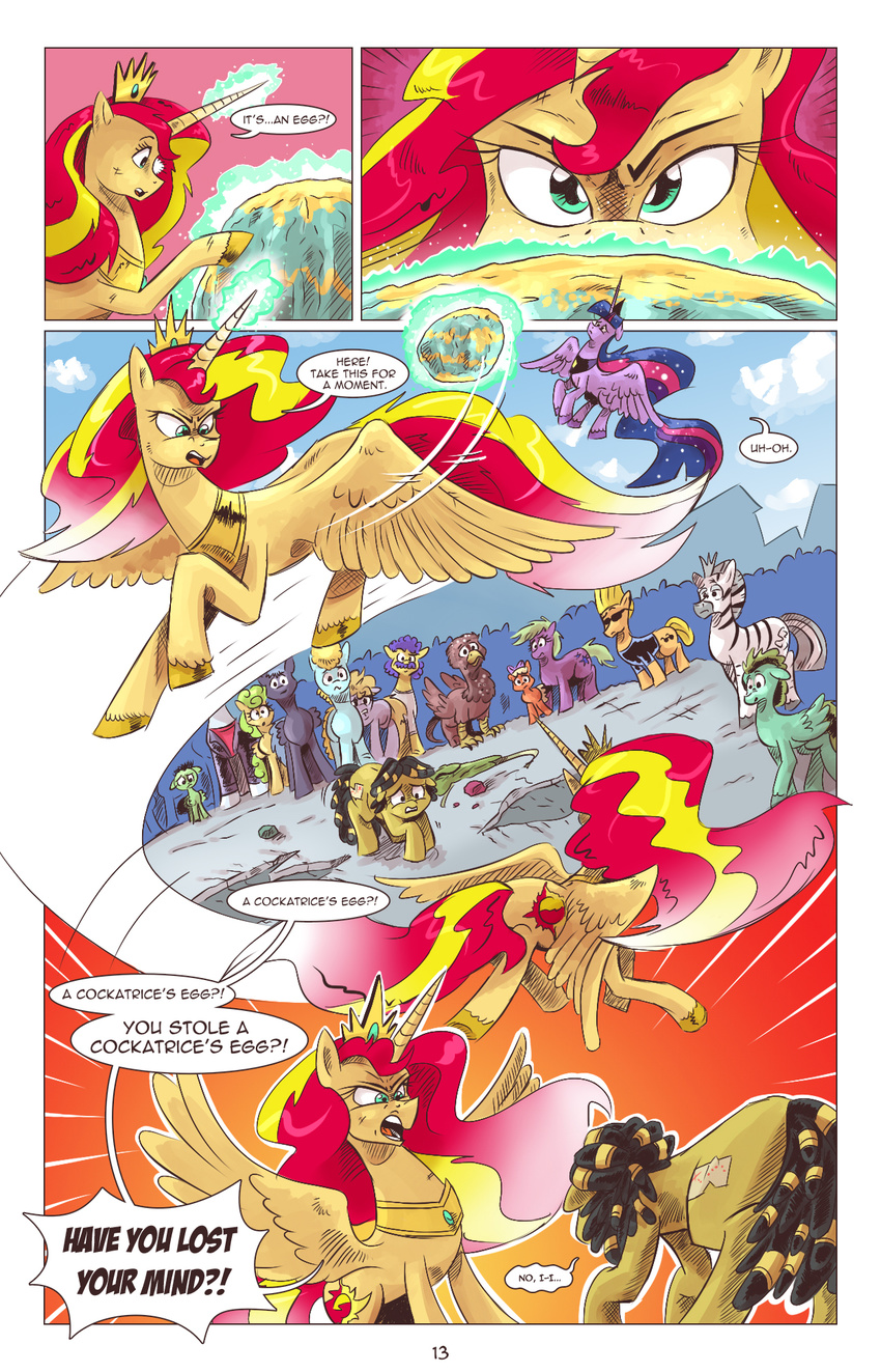 2016 comic crown egg equestria_girls equine female friendship_is_magic glowing horn horse jewelry magic mammal my_little_pony necklace pony saturdaymorningproj sunset_shimmer_(eg) twilight_sparkle_(mlp) winged_unicorn wings