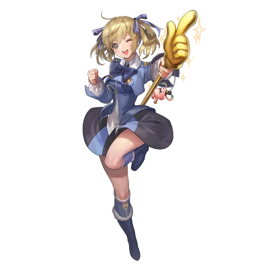 blonde_hair boots full_body hair_ribbon highres leg_lift long_sleeves looking_at_viewer official_art one_eye_closed open_mouth ribbon simple_background skirt solo sparkle star_ocean star_ocean_anamnesis star_ocean_integrity_and_faithlessness twintails welch_vineyard white_background yasuda_akira