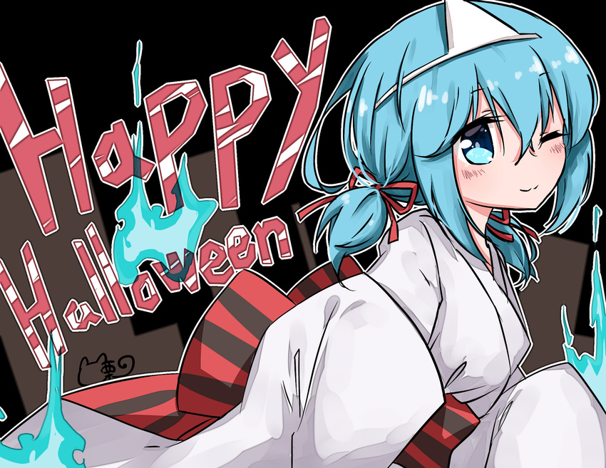 ;) black_background blue_eyes blue_hair blush bow closed_mouth commentary_request english fire flame ghost_costume hair_between_eyes halloween highres japanese_clothes kimono lizi long_sleeves looking_at_viewer miyuki_(zhan_jian_shao_nyu) obi one_eye_closed outline sash short_twintails smile solo spirit striped striped_bow text_focus triangular_headpiece twintails upper_body white_outline wide_sleeves yukata zhan_jian_shao_nyu