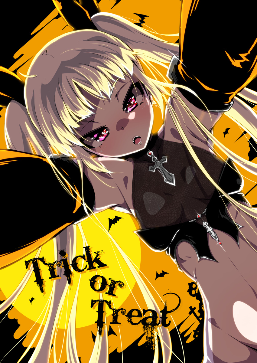 1girl blazblue blonde_hair dutch_angle elbow_gloves english halloween highres long_hair moon pink_eyes rachel_alucard solo tagme trick_or_treat twintails