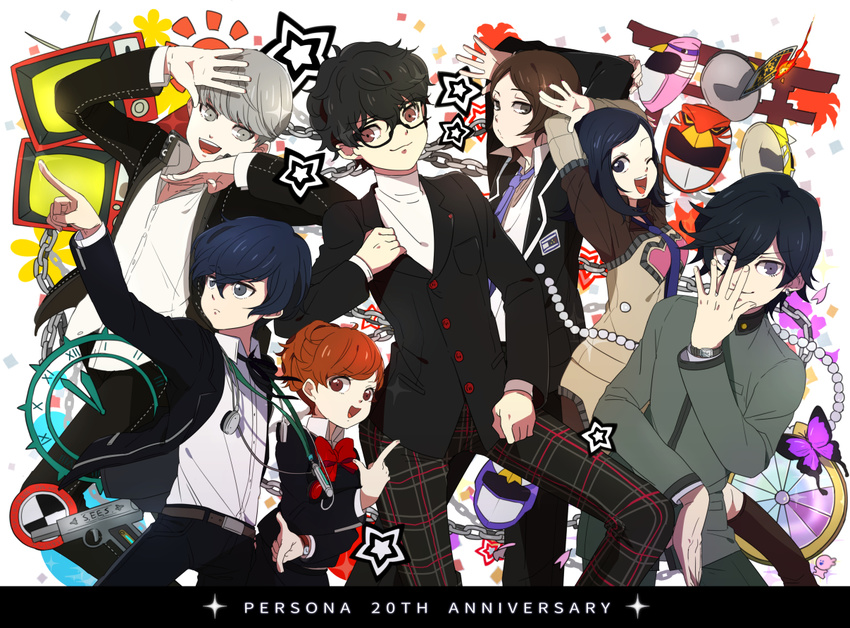 5boys amamiya_ren amano_maya anniversary black_hair blue_hair bow bowtie brown_hair bug butterfly chain cheeseko crt digital_media_player female_protagonist_(persona_3) glasses grey_eyes grey_hair headphones houndstooth insect jojo_no_kimyou_na_bouken jojo_pose looking_at_viewer mask multiple_boys multiple_girls narukami_yuu necktie parody persona persona_1 persona_2 persona_3 persona_3_portable persona_4 persona_5 pose school_uniform seven_sisters_high_school_uniform short_hair shuujin_academy_uniform smile st._hermelin_school_uniform suou_tatsuya television toudou_naoya watch wristwatch yasogami_school_uniform yuuki_makoto