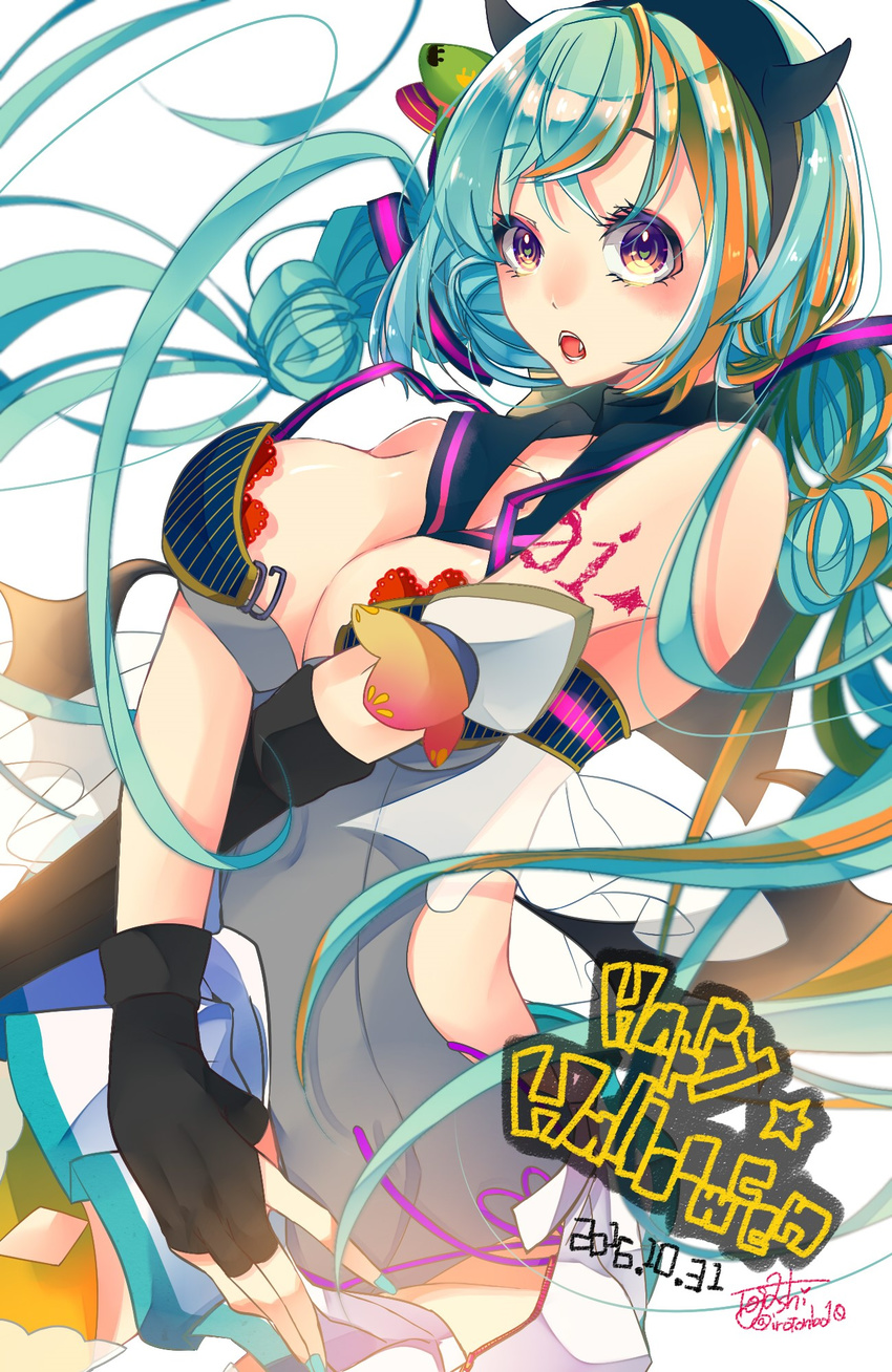 2016 aqua_hair artist_name breasts crossed_arms dated elbow_gloves fang fingerless_gloves gloves halloween happy_halloween hatsune_miku highres long_hair looking_at_viewer medium_breasts nail_polish open_mouth solo tattoo togashi_(choco-bakama_kitchen) twintails very_long_hair vocaloid white_background