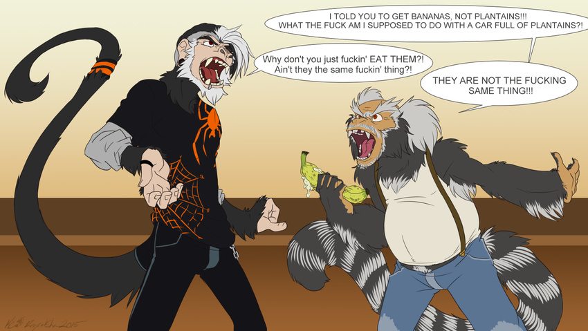 anthro bad_language clothed clothing duo english_text fur hair male mammal marmoset monkey open_mouth overweight primate regentshaw spider_monkey standing teeth text tongue