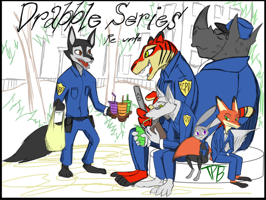 2016 anthro book canine clothed clothing disney english_text eyewear feline female fox glasses group judy_hopps lagomorph male mammal nick_wilde outside police_uniform rabbit rhinoceros sitting text thephantombeyond tiger tree uniform wolf zootopia