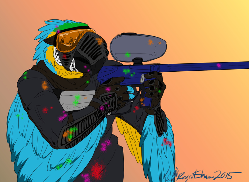 anthro avian beak bird clothed clothing eyewear feathers goggles macaw male paintball_gun parrot regentshaw simple_background solo standing