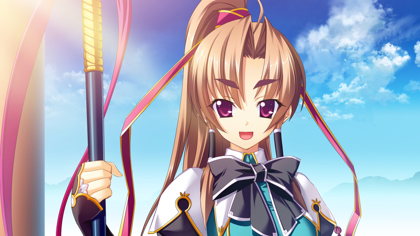 :d ahoge arm_up bachou ball black_bow bow brown_hair cloud cloudy_sky day ears eyebrows eyebrows_visible_through_hair eyes forehead game_cg gold gradient gradient_background green_shirt hair_tubes hairband halberd hands happy heaven holding holding_weapon koihime_enbu koihime_musou long_hair long_ribbon long_sleeves looking_at_viewer mountain non-web_source open_eyes open_mouth polearm ponytail purple_eyes purple_ribbon ribbon shiny shirt sky smile solo spear thick_eyebrows tongue upper_body weapon yatsuha_kanan