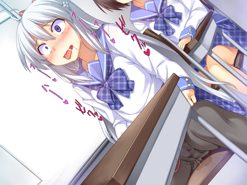 1girl blue_eyes blush desk discreet_vibrator edit lyricbox masturbation oniichan_no_hanbun_wa_yokubou_de_dekiteimasu panties panties_under_pantyhose pantyhose public racer_(magnet) saliva school_desk school_uniform silver_hair tisa tongue underwear vibrator vibrator_under_panties