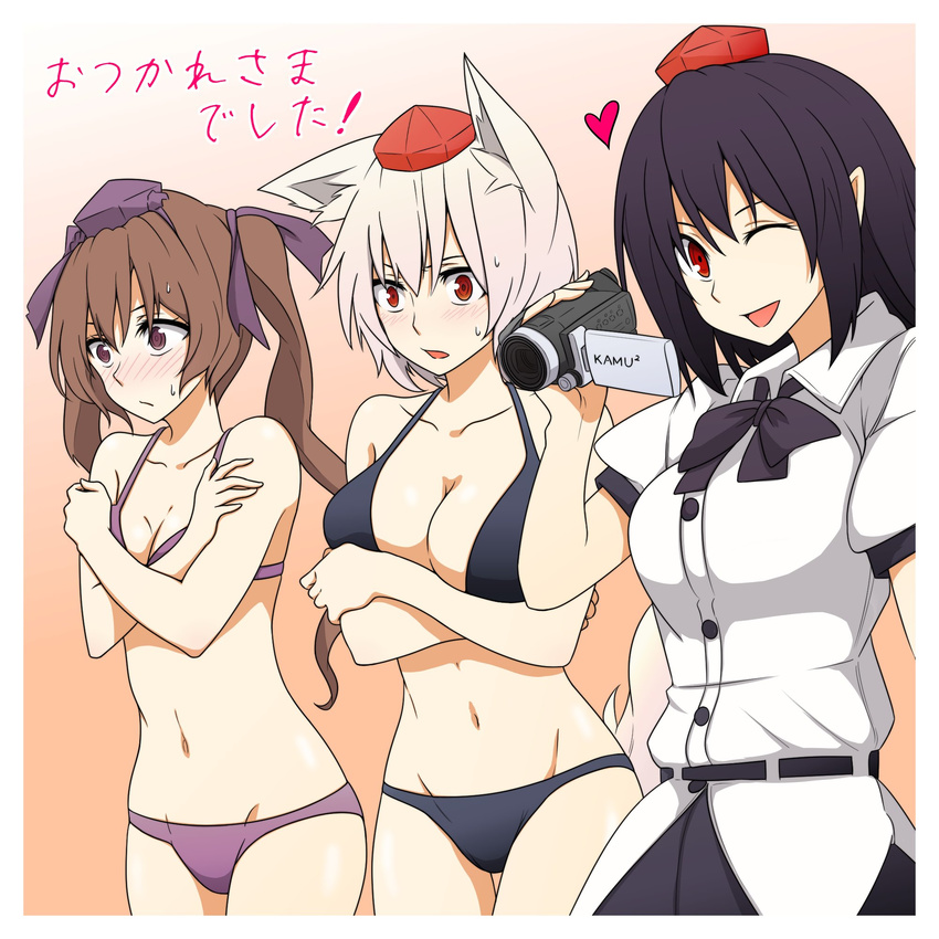 ;d animal_ears ayano_(ayn398) bad_id bad_twitter_id bangs bare_arms bare_shoulders belt bikini black_bikini black_bow black_hair black_neckwear black_skirt blush bow bowtie breasts brown_hair buttons camcorder cleavage collarbone collared_shirt cowboy_shot crossed_arms embarrassed gradient gradient_background groin hair_ribbon hat heart highres himekaidou_hatate holding inubashiri_momiji large_breasts long_hair medium_breasts multiple_girls navel nose_blush one_eye_closed open_mouth pointy_ears puffy_short_sleeves puffy_sleeves purple_bikini purple_eyes purple_hat purple_ribbon recording red_eyes ribbon ringed_eyes shameimaru_aya shirt short_hair short_sleeves skirt small_breasts smile standing stomach sweatdrop swimsuit tail thigh_gap tokin_hat touhou translated twintails unaligned_breasts white_hair white_shirt wing_collar wolf_ears wolf_tail